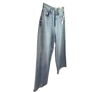 DKNY Jeans High Rise Wide Leg Silver Studded Denim Pants Sz 28 Light Wash NWT